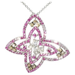 14K White Gold Sapphire Champagne Diamond Butterfly Pendant