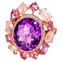 14K Pink Gold Amethyst Quartz and Diamond Ring