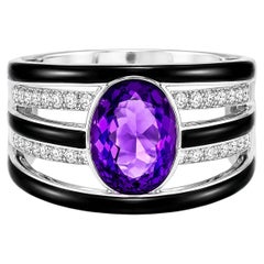 14K White Gold Diamond Amethyst Onyx Band Ring