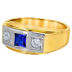 14K Two Tone Gold Sapphire Diamond 3 Stone Unisex Antique Band Ring