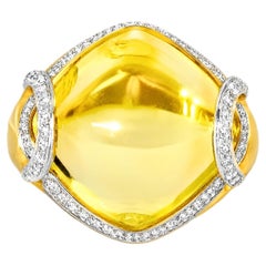 14K Yellow Gold Diamond Cabochon Lemon Quartz Ring Estate Gemstone