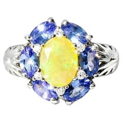 14K White Gold Diamod Tanzanite Opal Filigree Ring