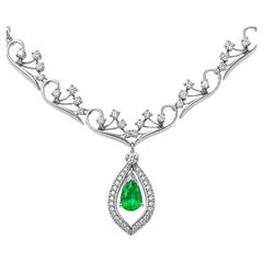 14K White Gold Filigree Emerald Diamond Necklace