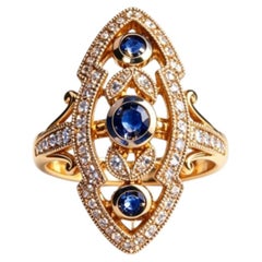 Cocktailring aus 14-karätigem Gelbgold mit Saphir und Diamanten, Filigran-Design, aus einem Nachlass