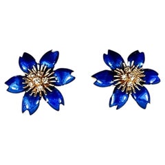 18K White Gold Hidalgo Blue Enamel Floral Diamond Jacket Earrings