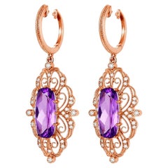14K Pink Rose Gold Art Deco Diamond & Amethyst Drop Dangle Earrings