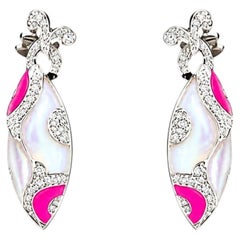 14K White Gold Diamond Pink Coral MOP Drop Earrings