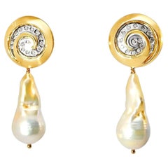 14K Gold Baroque Pearl Diamond Swirl Drop Earrings