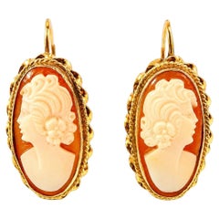 14K Yellow Gold Shell Cameo Drop Antique Estate Earrings