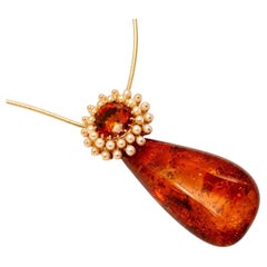 14K Rose Gold Amber Orange Citrine Seed Pearl Pendant Necklace