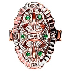 14K Pink Gold Rose Cut Diamond Emerald Cocktail Ring