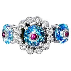 18K White Gold Aquamarine Pink Tourmaline Diamond Ring Band