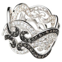 14K White Gold Black and White Diamond Scroll Designer Ring Band