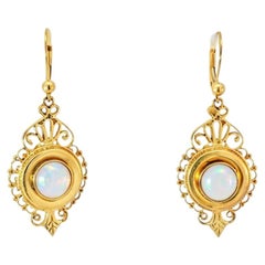 14K Yellow Gold Filigree Opal Drop Earrings Victorian Revival Estate