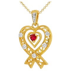14K Yellow Gold Filigree Diamond Heart Red Sapphire Pendant