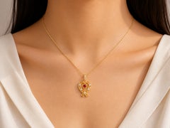 14K Yellow Gold Filigree Diamond Heart Red Sapphire Pendant
