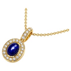 14K Yellow Gold Cabochon Sapphire Diamond Pendant Necklace