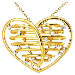 14K Matte Yellow Gold Huge Wired Diamond Heart Pendant