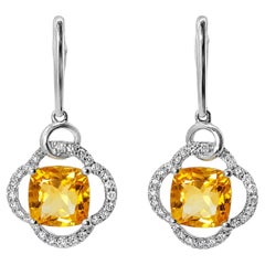 18K White Gold Diamond Citrine Hanging Earrings