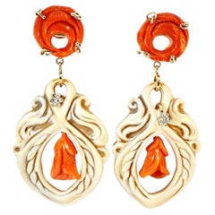 18K Gold Carved Cameo Red Coral Undyed Drop Earrings