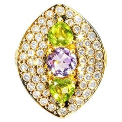 14K Gold Pave Champagne Diamond Amethyst Peridot Designer Ring