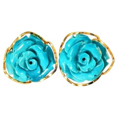 18K Yellow Gold Turquoise Floral Flower Carved Earrings