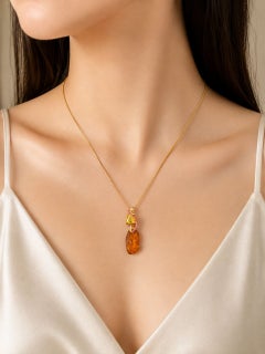 14K Gold Amber Citrine Lemon Quartz Pink Sapphire Diamond Pendant Necklace