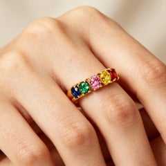 14K Yellow Gold Multi Color Sapphire Rainbow Band Ring