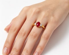 14K Yellow Gold Ruby Trillion Diamond Three Stone Ring Estate
