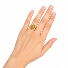 14K Yellow Gold Opal Cabochon Diamond Cocktail Ring Estate