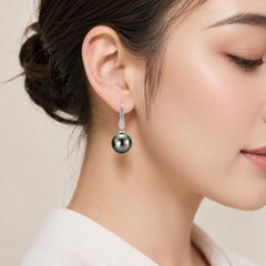 14K White Gold Diamond Tahitian Pearl Hanging Earrings