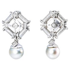 18K White Gold Diamond and Tahitian Pearl Crown Drop Earrings