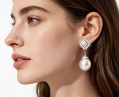 18K White Gold Diamond and Tahitian Pearl Crown Drop Earrings