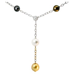 18K White Gold Diamond Gemstone Tahitian Pearl Pendant Necklace Estate
