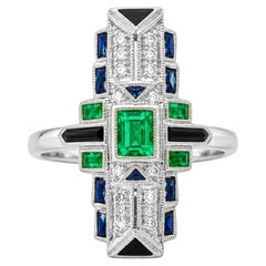 18K White Gold Emerald Sapphire Diamond Mosaic Ring Art Deco Handmade Estate