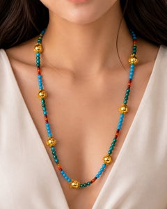 14K Yellow Gold Turquoise Carnelian Peridot Garnet Beaded Strand Necklace