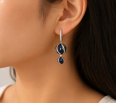 18K White Gold Black Diamond Hoop Drop Sphere Ball Earrings Estate