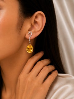 18K White Gold Diamond Citrine Drop Earrings Pear Citrine