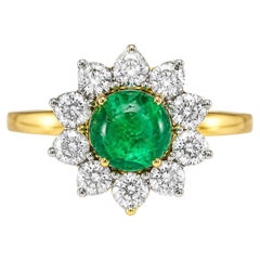 Anello da cocktail in oro giallo 18 carati con smeraldo, diamanti e motivo a girasole, di seconda mano