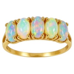 14K Yellow Gold Natural Opal Five Stone Band Ring