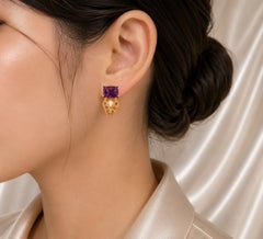 14K Yellow Gold Amethyst MOP Mabe Inlaid Earrings