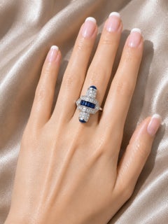 14K White Gold Hand Cut Diamond Sapphire Mosaic Ring Art Deco Estate