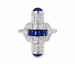 14K White Gold Hand Cut Diamond Sapphire Mosaic Ring Art Deco Estate