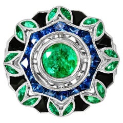 18K White Gold Sapphire Emerald Onyx Diamond Art Deco Ring Band Estate
