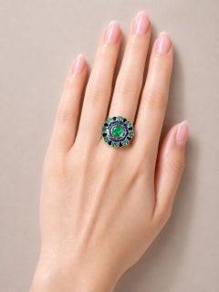 18K White Gold Sapphire Emerald Onyx Diamond Art Deco Ring Band Estate