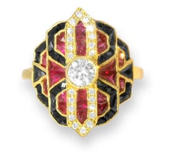 Anello in oro giallo 18 carati in stile Art Déco con diamanti, rubini tagliati a mano e onice