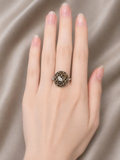 14K White Gold Estate Black, Champagne & White Diamond Heart Mosaic Paved Ring