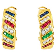 14K Yellow Gold Diamond Emerald Sapphire Ruby Hoop Earrings