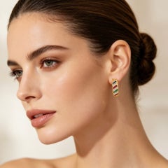 14K Yellow Gold Diamond Emerald Sapphire Ruby Hoop Earrings