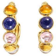 18K Yellow Gold Cabochon Citrine Topaz Rose Quartz Hoop Earrings Estate